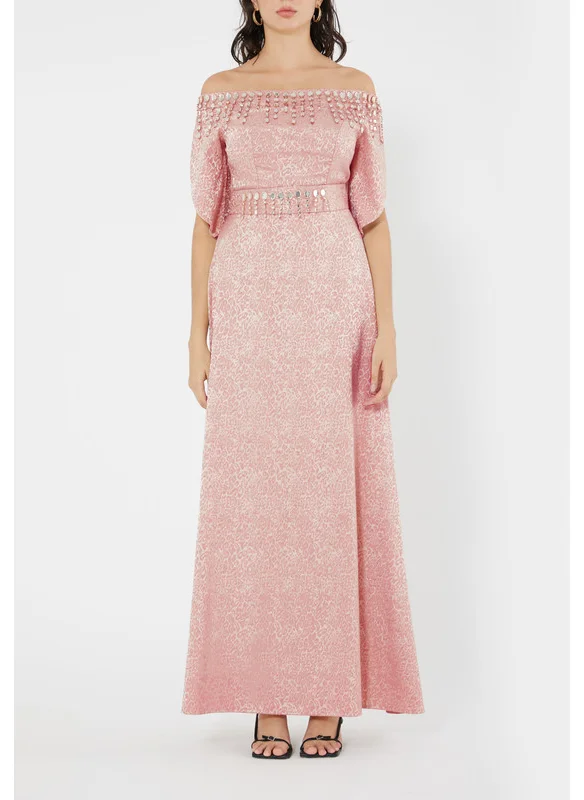 Amri Stunning Fit And Flare Long Embroidered Dress With Off Shoulder Neckline And Half Sleeves