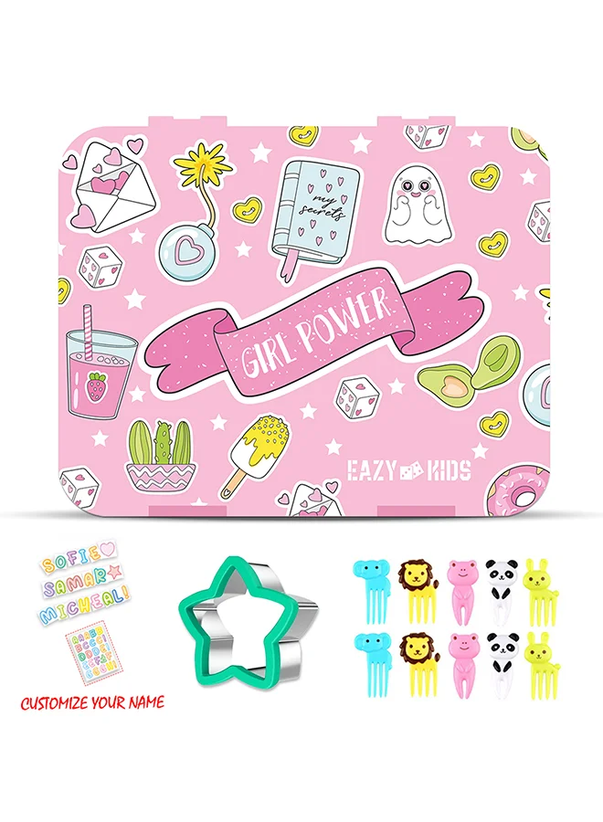 Eazy Kids Eazy Kids 5 & 4 Convertible Bento Lunch Box with Stainless Steel 640ml Water Bottle and Sandwich Cutter Set - Girl Power Pink