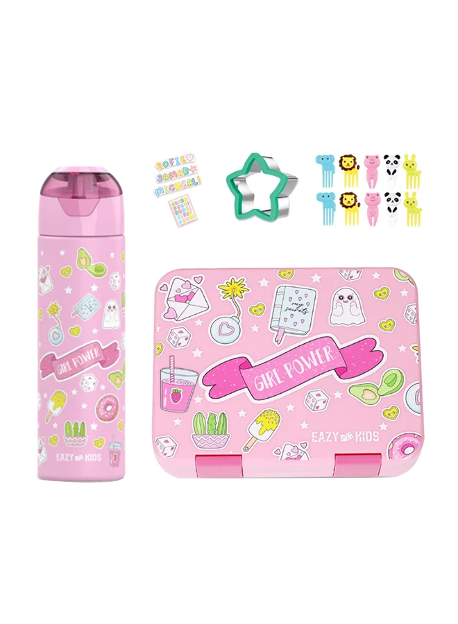 Eazy Kids Eazy Kids 5 & 4 Convertible Bento Lunch Box with Stainless Steel 640ml Water Bottle and Sandwich Cutter Set - Girl Power Pink