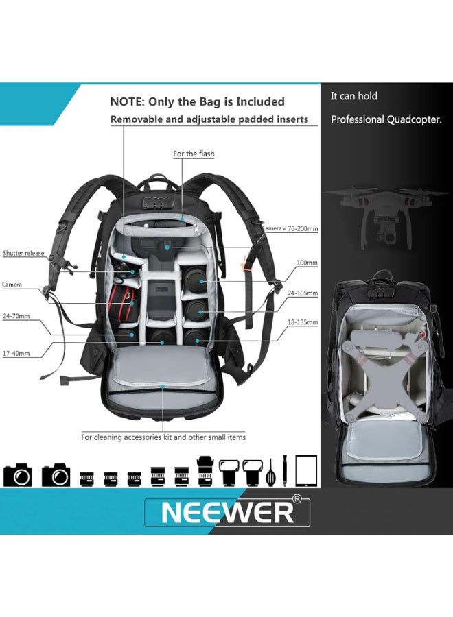 Neewer Pro Waterproof Shockproof Adjustable Padded Camera Backpack Bag Anti Theft Lock for DSLR, Mirrorless Cameras, DJI Phantom 1 2 3 Drone, Tripods, Lenses, Flash and Photography Accessories black - Image 3