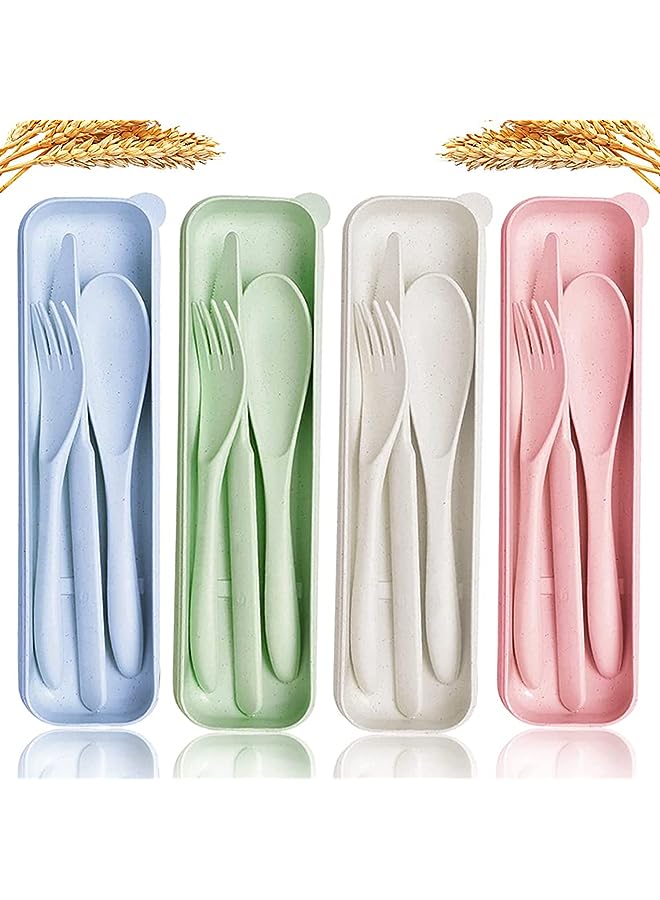 KASTWAVE Cutlery with Case Travel Utensil Set, 4 Sets Wheat Straw Reusable Portable Spoon Knife Forks Tableware, Eco Friendly Non-toxin BPA Free Portable Cutlery for Travel Picnic Camping or Daily Use - Image 1