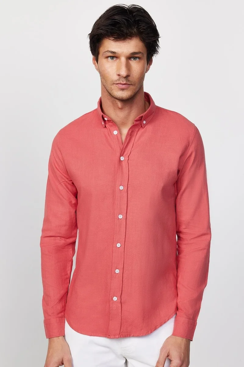 Tudors Slim Fit Long Sleeve Pile Collar Button Down Linen Rose Men's Shirt