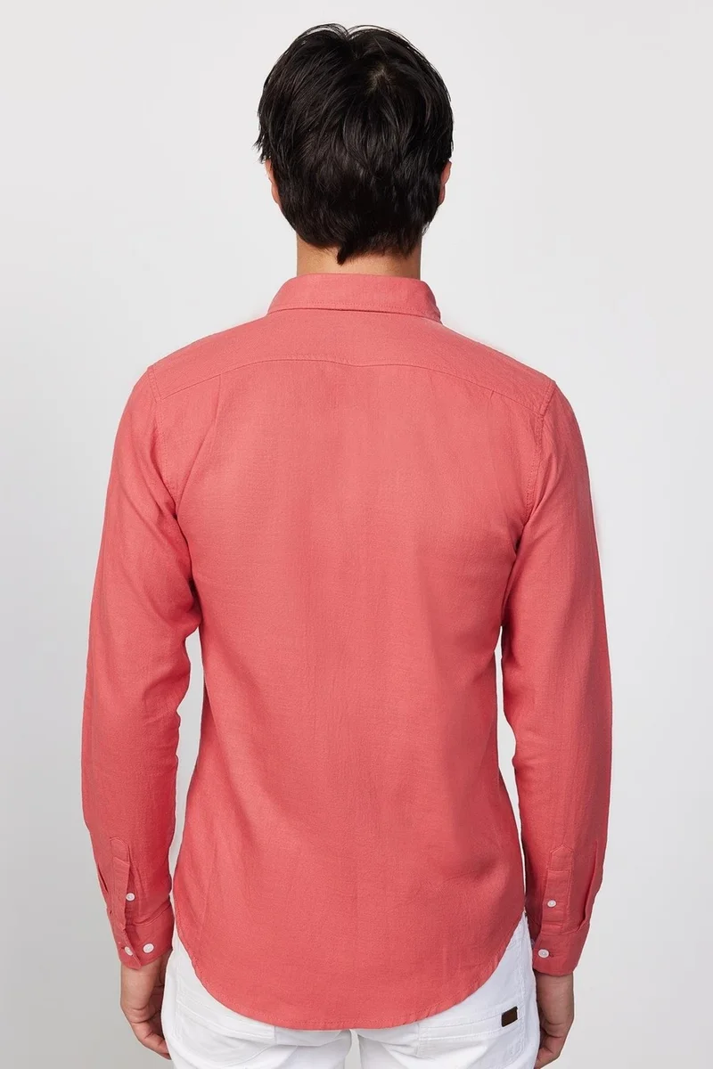 Tudors Slim Fit Long Sleeve Pile Collar Button Down Linen Rose Men's Shirt