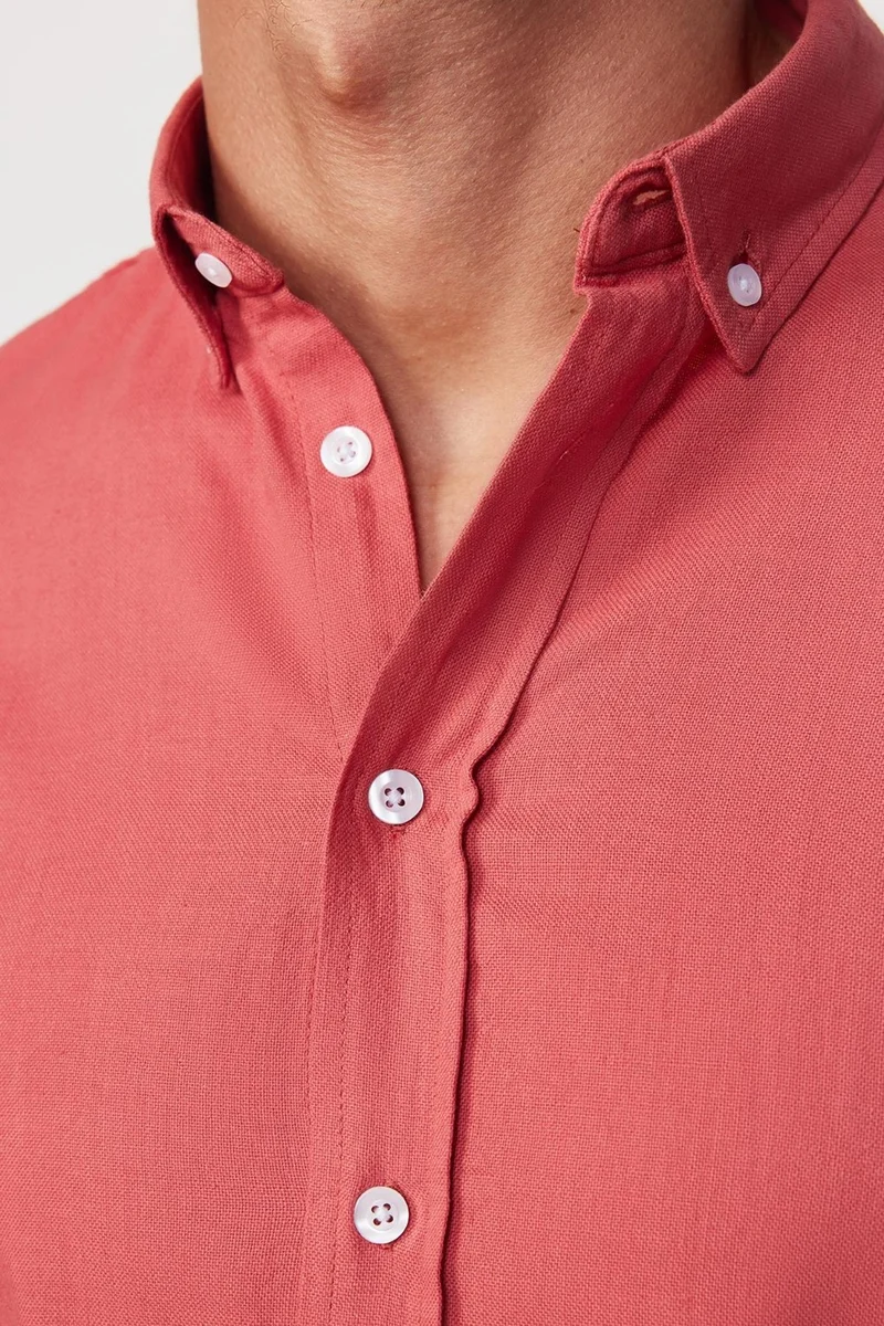Tudors Slim Fit Long Sleeve Pile Collar Button Down Linen Rose Men's Shirt