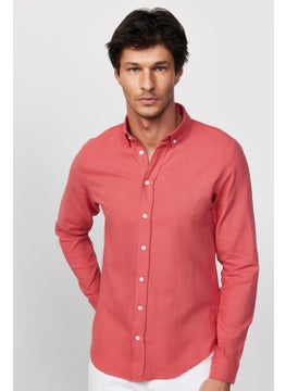 Tudors Slim Fit Long Sleeve Pile Collar Button Down Linen Rose Men's Shirt  - Image 1