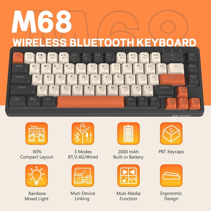 LexonElec X FREEWOLF M68 60% Wireless Gaming Keyboard, QWERTY Layout, BT/2.4G/Wired Silent Membrane Keyboard, Rainbow Backlit 67 Keys PBT Keycaps, 2000mAh Portable for Gamer/Office - Grey - Image 2