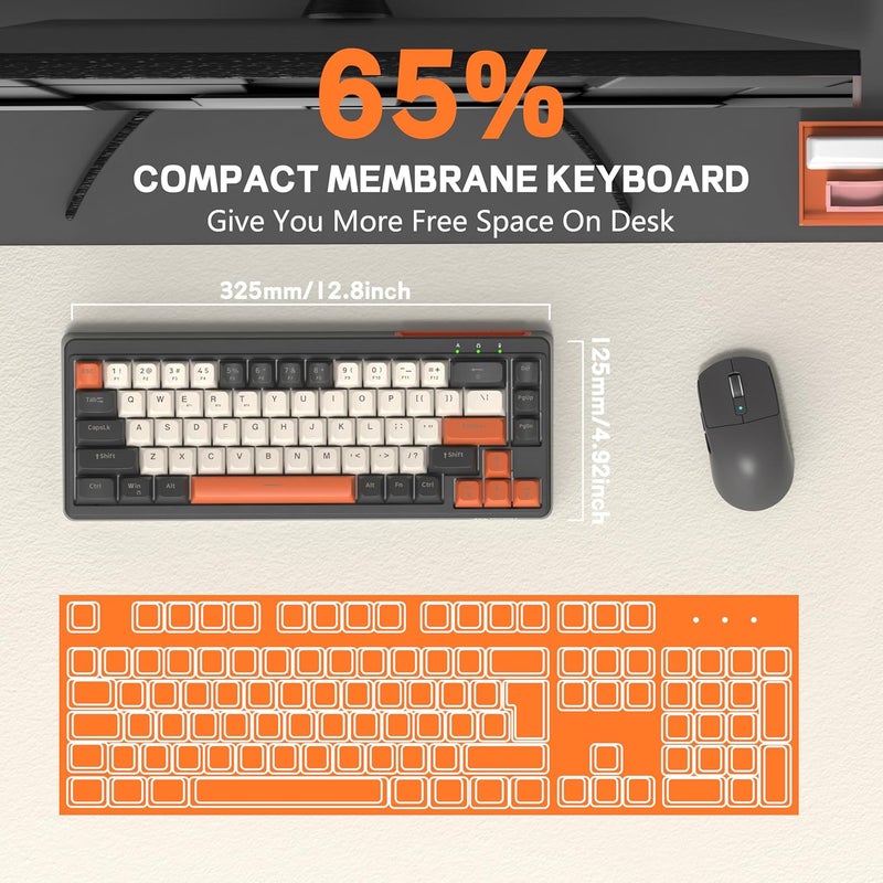 LexonElec X FREEWOLF M68 60% Wireless Gaming Keyboard, QWERTY Layout, BT/2.4G/Wired Silent Membrane Keyboard, Rainbow Backlit 67 Keys PBT Keycaps, 2000mAh Portable for Gamer/Office - Grey - Image 4