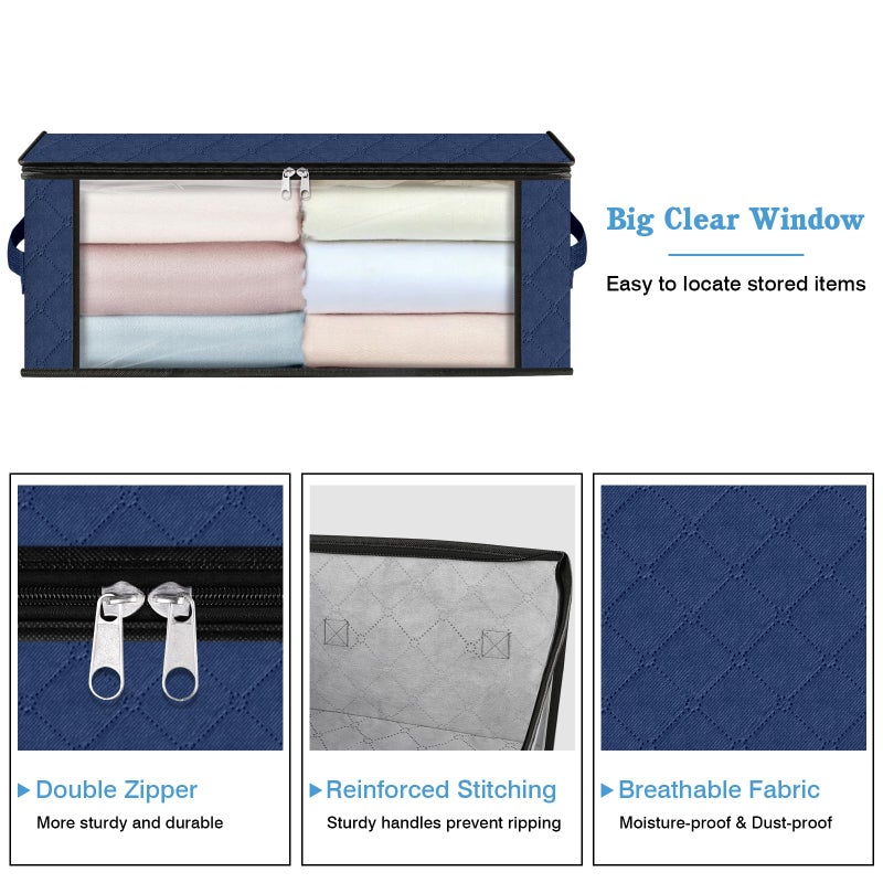 HomeHacks Storage 3-Pack Clothes Organizer Storage Bags Foldable Storage Box with Large Clear Window Sturdy Handles for Closet, Dorm, Pillows, Bedding, Clothes, Blankets, 35L, Blue - Image 4