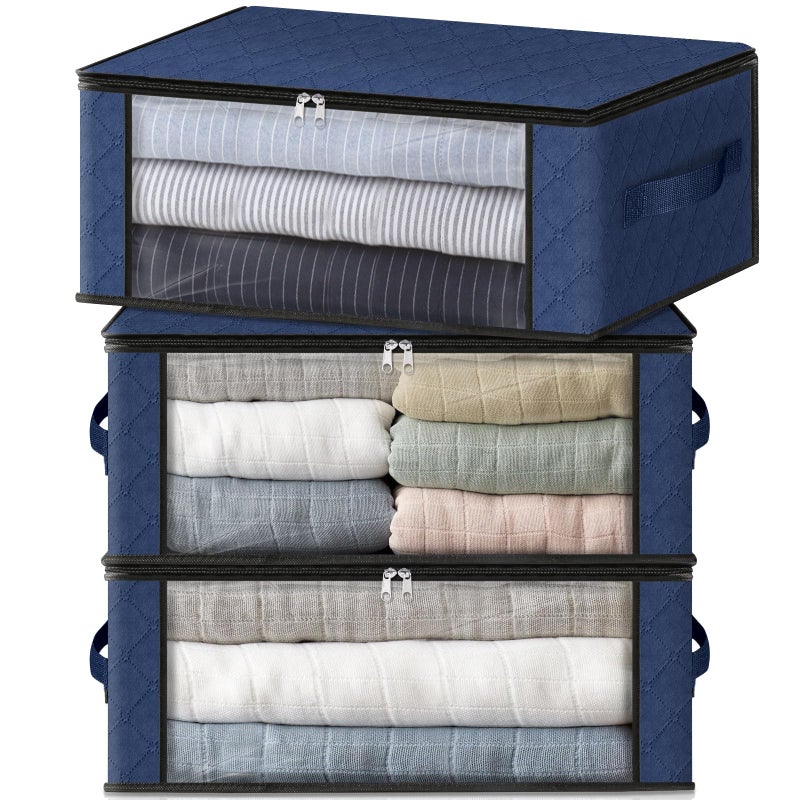 HomeHacks Storage 3-Pack Clothes Organizer Storage Bags Foldable Storage Box with Large Clear Window Sturdy Handles for Closet, Dorm, Pillows, Bedding, Clothes, Blankets, 35L, Blue - Image 1