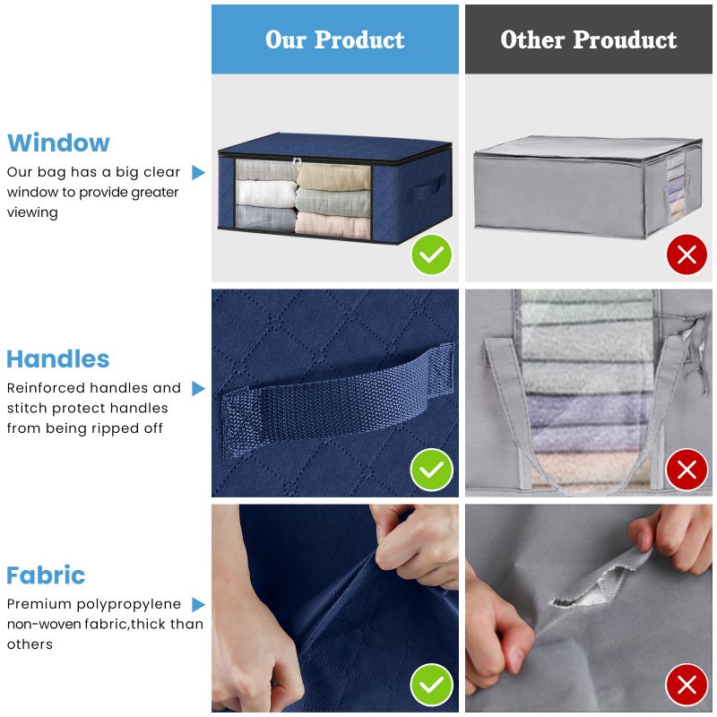 HomeHacks Storage 3-Pack Clothes Organizer Storage Bags Foldable Storage Box with Large Clear Window Sturdy Handles for Closet, Dorm, Pillows, Bedding, Clothes, Blankets, 35L, Blue - Image 5