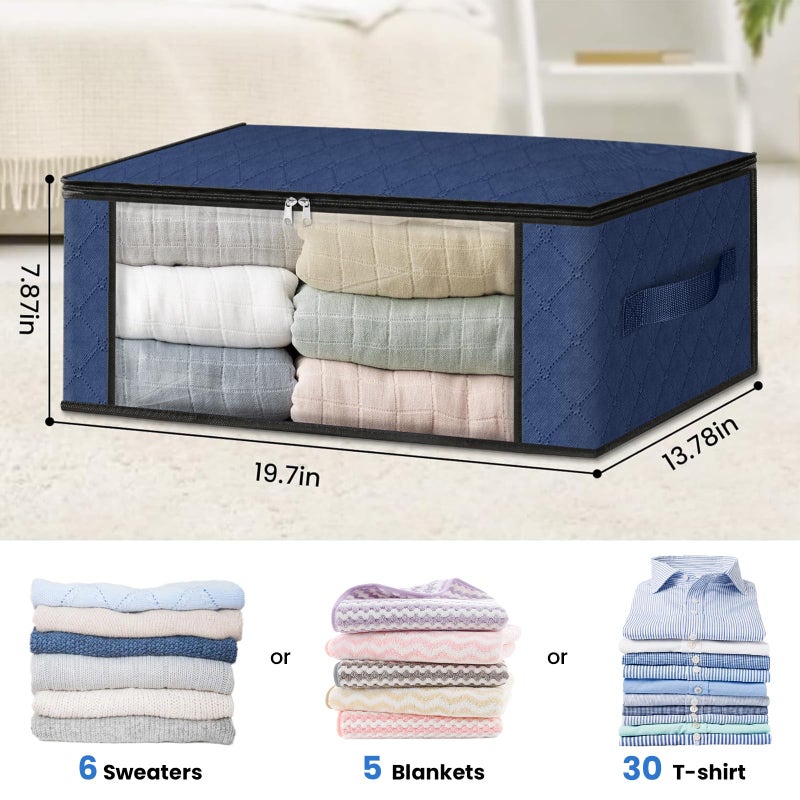 HomeHacks Storage 3-Pack Clothes Organizer Storage Bags Foldable Storage Box with Large Clear Window Sturdy Handles for Closet, Dorm, Pillows, Bedding, Clothes, Blankets, 35L, Blue - Image 2