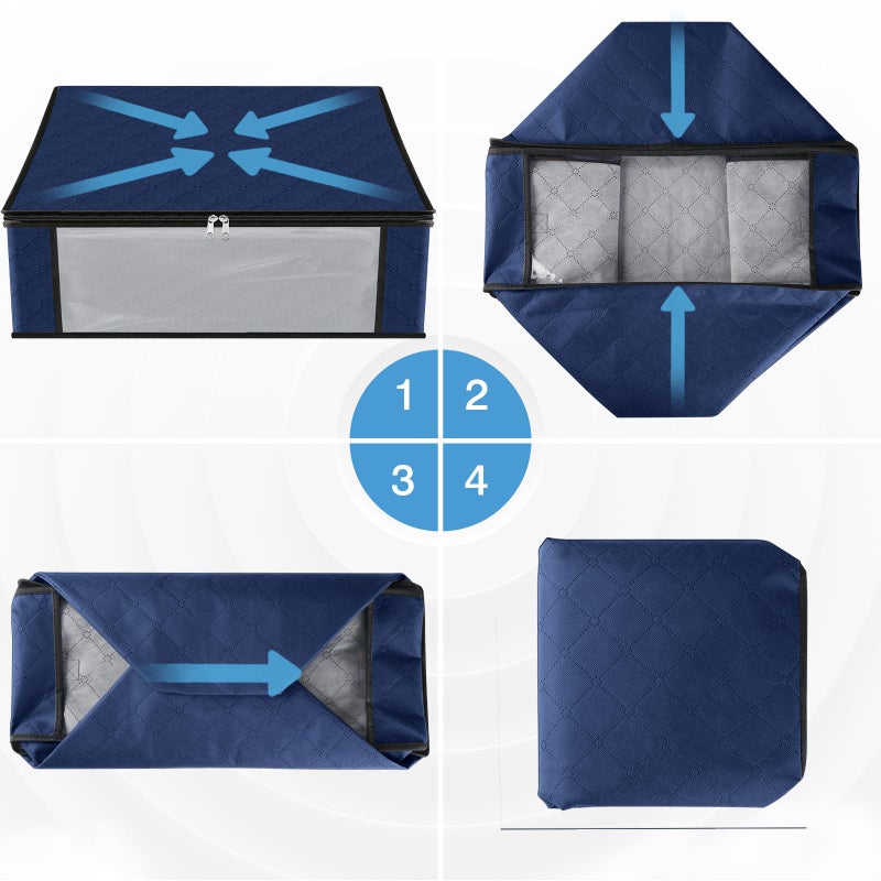 HomeHacks Storage 3-Pack Clothes Organizer Storage Bags Foldable Storage Box with Large Clear Window Sturdy Handles for Closet, Dorm, Pillows, Bedding, Clothes, Blankets, 35L, Blue - Image 3