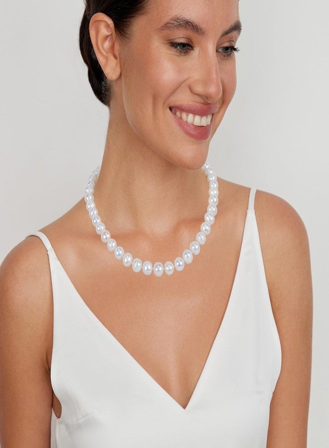 JORA Natural Texture Classic Pearl Necklace 9.0-10.0 mm White Freshwater Cultured Pearls Necklace for Women 16 Inch - Image 5