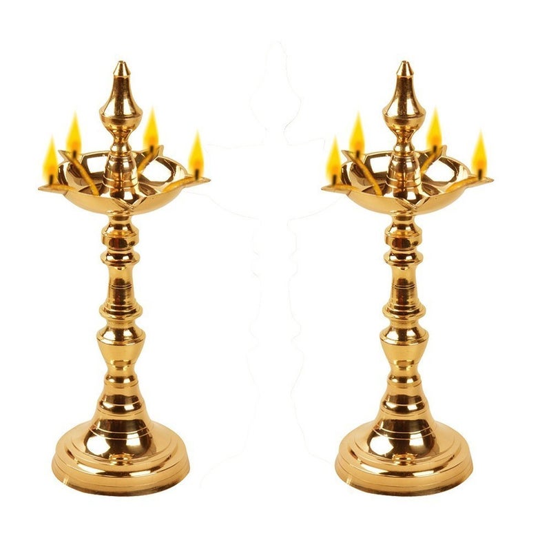 SOLINO Solino Traditional Kerala Brass OilGhee Diya Deepak Lamp Samai Long Diyas for Home Pooja Room Pancharti Panchmukhi Pital Dipam for Puja Decoration AartiPack of2 