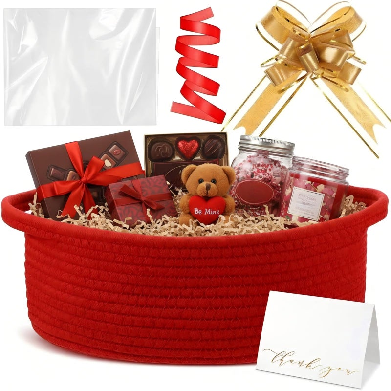 Colingmill Valentine's Day Woven Basket with Gift Bags and 2 Ribbons, Raffia Grass Paper Shred Filler, Gift Card, Empty Small Rope Basket for Storage Presents Toy Organizer(Red,12 * 8 Inch) - Image 1