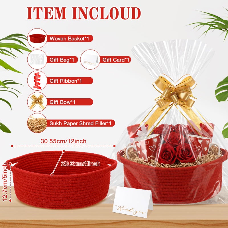 Colingmill Valentine's Day Woven Basket with Gift Bags and 2 Ribbons, Raffia Grass Paper Shred Filler, Gift Card, Empty Small Rope Basket for Storage Presents Toy Organizer(Red,12 * 8 Inch) - Image 2