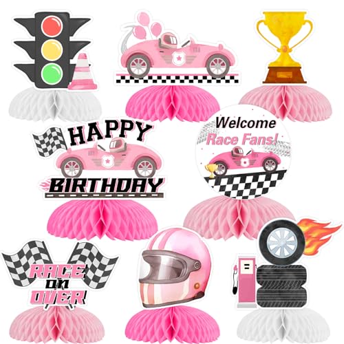 Funmemoir Pink Racing Car Birthday Party Decorations for Girls 8PCS Race Car Honeycomb Centerpieces Vintage Retro Lets Go Racing Race on Over Welcome Race Fans Birthday Party Decorations - Image 1