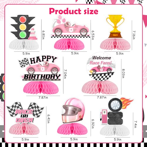 Funmemoir Pink Racing Car Birthday Party Decorations for Girls 8PCS Race Car Honeycomb Centerpieces Vintage Retro Lets Go Racing Race on Over Welcome Race Fans Birthday Party Decorations - Image 5