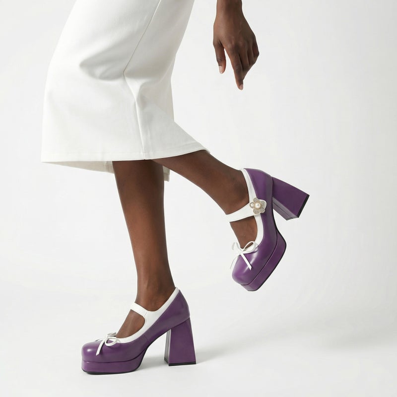 Supply 2026 Thick-Soled High-Heeled Shoes Size 40-48 Large Size Bow Tie Color-Blocking Shallow Mouth Single Shoes - Image 5