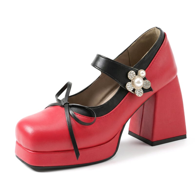 Supply 2026 Thick-Soled High-Heeled Shoes Size 40-48 Large Size Bow Tie Color-Blocking Shallow Mouth Single Shoes - Image 1