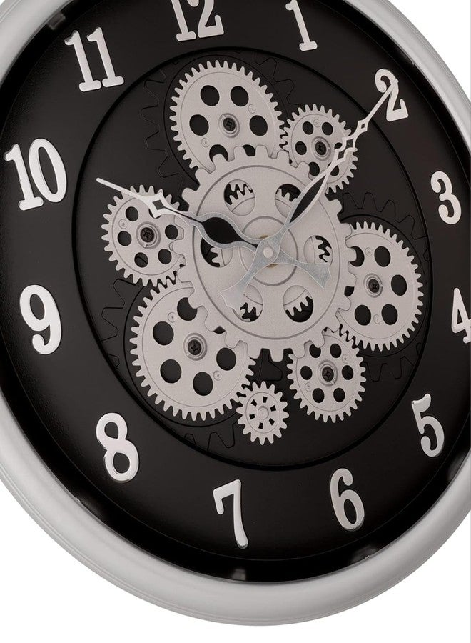 HOME ELEMENTS Modern Moving Gear Wall Clock for Living Room Wall Mount Clock Industrial Steampunk Design Moving Gear Analog Wall Clock for Home Decor Office (32.5cm Round Clock) (Silver Black) - Image 3