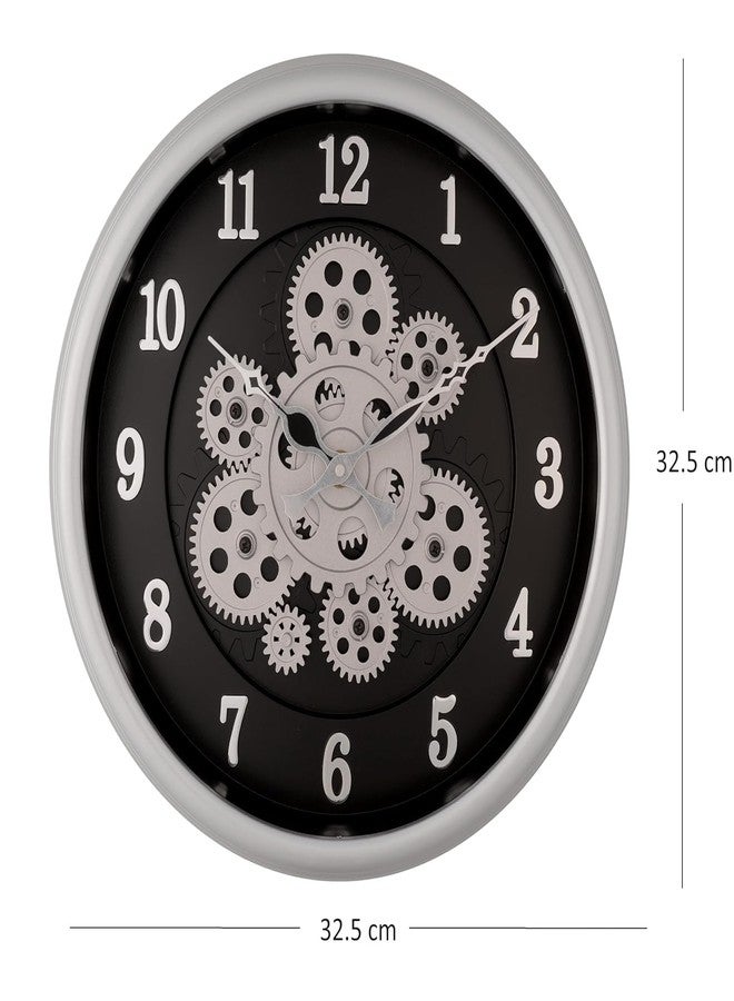 HOME ELEMENTS Modern Moving Gear Wall Clock for Living Room Wall Mount Clock Industrial Steampunk Design Moving Gear Analog Wall Clock for Home Decor Office (32.5cm Round Clock) (Silver Black) - Image 4