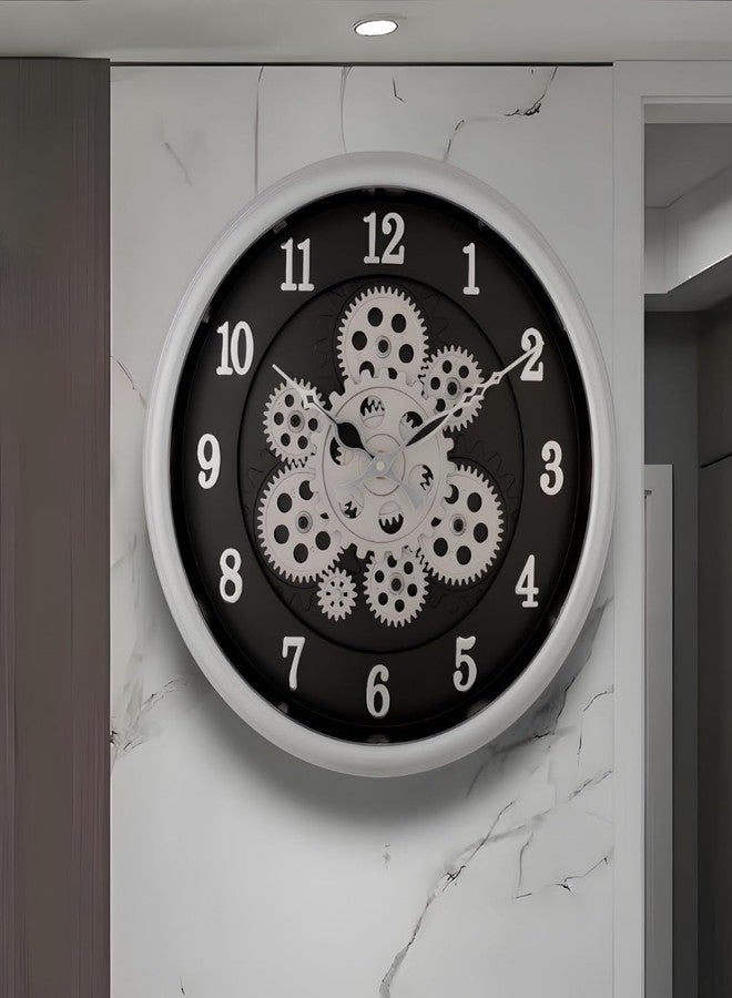 HOME ELEMENTS Modern Moving Gear Wall Clock for Living Room Wall Mount Clock Industrial Steampunk Design Moving Gear Analog Wall Clock for Home Decor Office (32.5cm Round Clock) (Silver Black) - Image 1