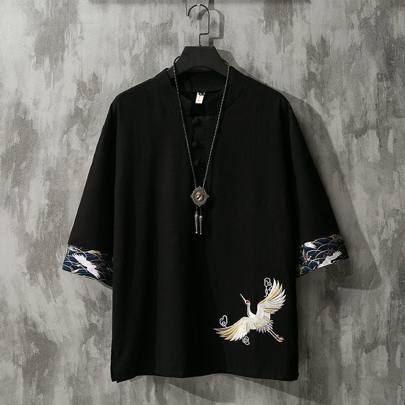 Trendy Brand Summer Chinese Style Linen Short-sleeved T-shirt Men's Trendy Youth Half-sleeved Thin Men's Cotton and Linen Base Shirt - Image 1