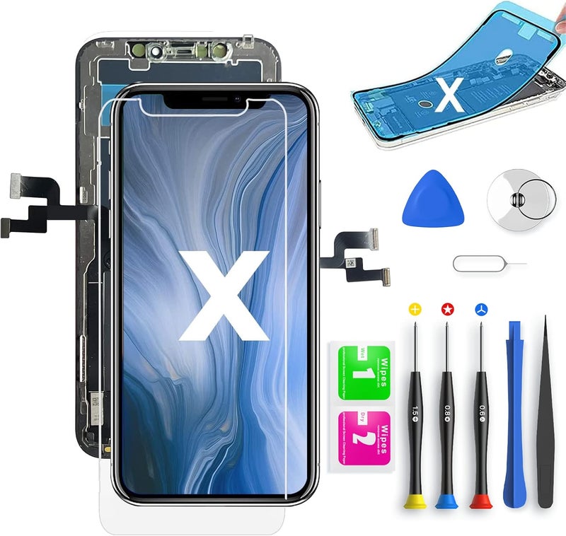 لاستبدال شاشة آيفون X مقاس 5.8 بوصة، مجموعة إصلاح شاشة LCD مع خاصية اللمس ثلاثي الأبعاد + واقي الشاشة + غراء مقاوم للماء + مجموعة أدوات الإصلاح (أسود) - Image 1