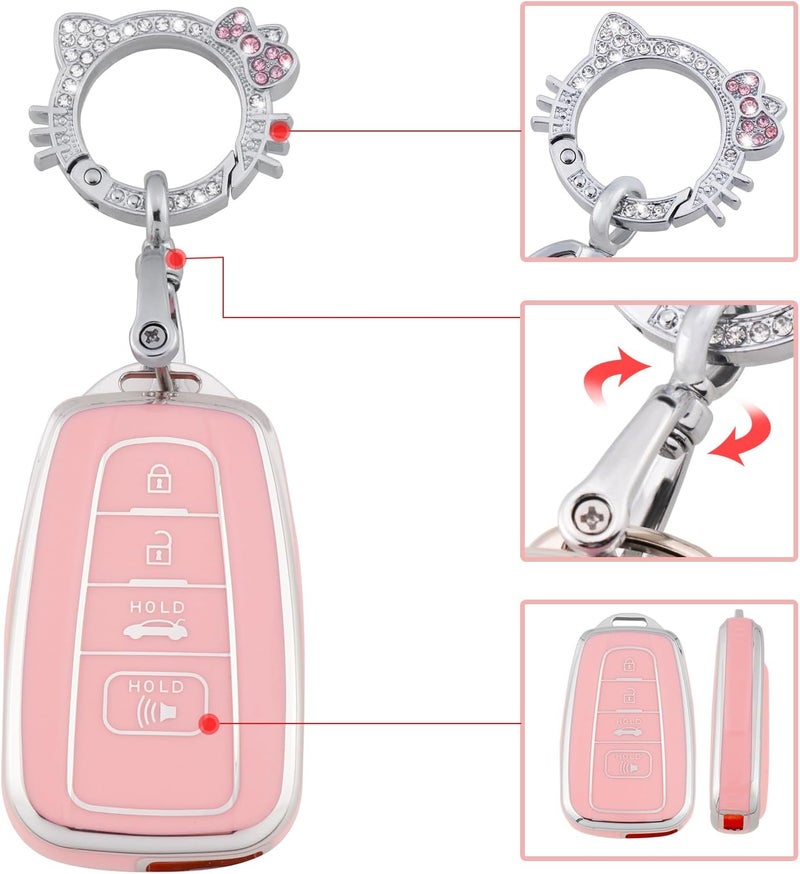 PANGPAI Pink Key Fob Cover for Toyota, Soft TPU Key Case Protection with Bling Keychain Fit for 2018-2022 Camry RAV4 Highlander Avalon C-HR Prius Corolla GT86 Smart Key Holder - Image 4