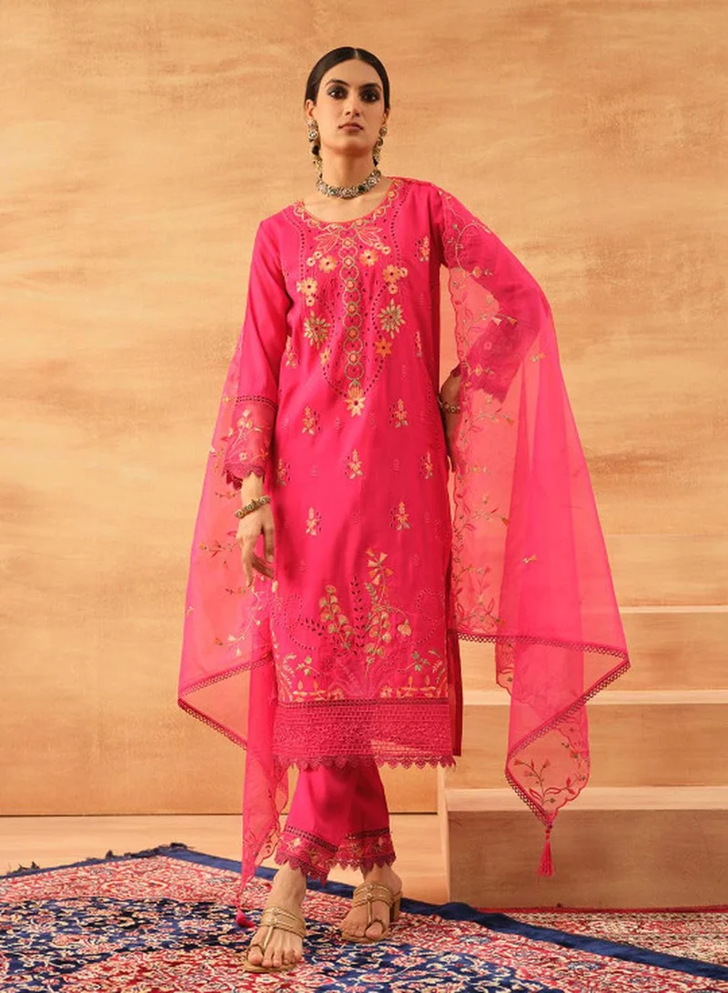 ISHIN Women's Pink Roman Silk Embroidered Tunic Upper With Full Palazzo Regular Fit 3 Piece Kurta Set