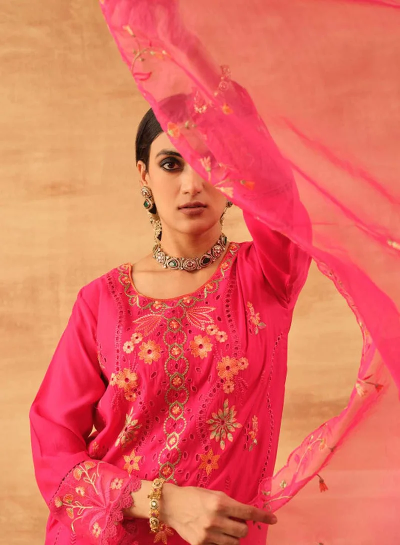 ISHIN Women's Pink Roman Silk Embroidered Tunic Upper With Full Palazzo Regular Fit 3 Piece Kurta Set