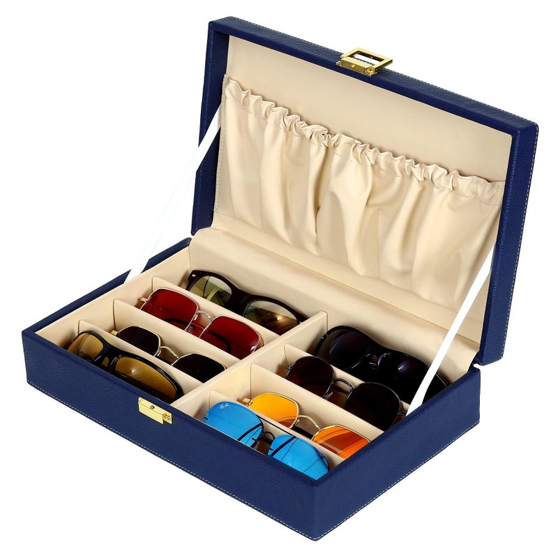 fico Hard Craft Sunglasses Specs Spectacle Eyewear Goggles Organizer Box Case 8 slots PU Leather Sunglass Shades Holder Cover Pouch Organiser Box For Men and Women (Blue) - Image 4