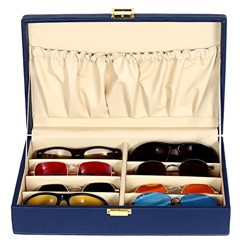 fico Hard Craft Sunglasses Specs Spectacle Eyewear Goggles Organizer Box Case 8 slots PU Leather Sunglass Shades Holder Cover Pouch Organiser Box For Men and Women (Blue) - Image 5