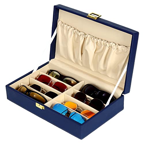 fico Hard Craft Sunglasses Specs Spectacle Eyewear Goggles Organizer Box Case 8 slots PU Leather Sunglass Shades Holder Cover Pouch Organiser Box For Men and Women (Blue) - Image 1