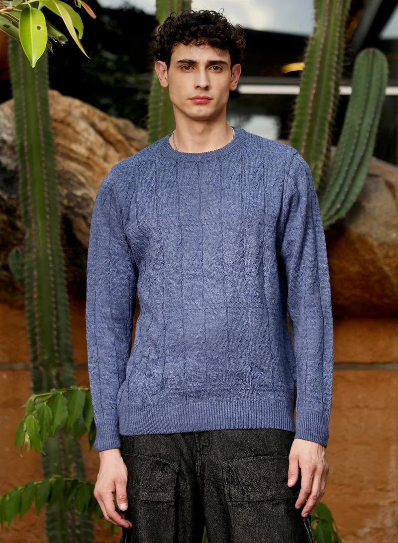 Campus Sutra Men's Aegean Blue Abstract-Jacquard Knit Pullover Sweater | Round Neck , Ribbed Cuff Sleeves , Pull On Closure , Ribbed-Straight Hem | Solid Jacquard For Casual & Daily Wear
