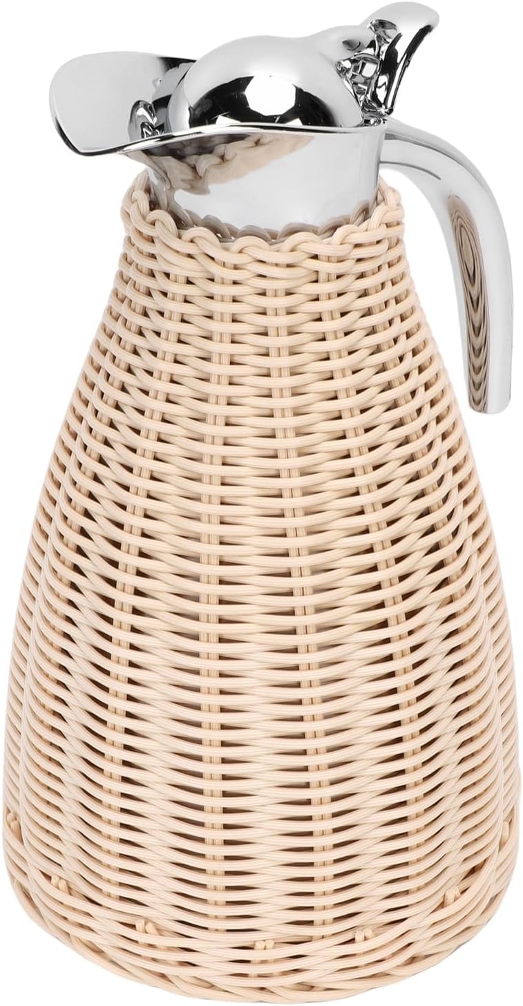 Thermal Coffee Carafe, 1.5L Stainless Steel Insulated Jug with Handwoven Portable Design for Home, Camping, Restaurant (Beige) - Image 4