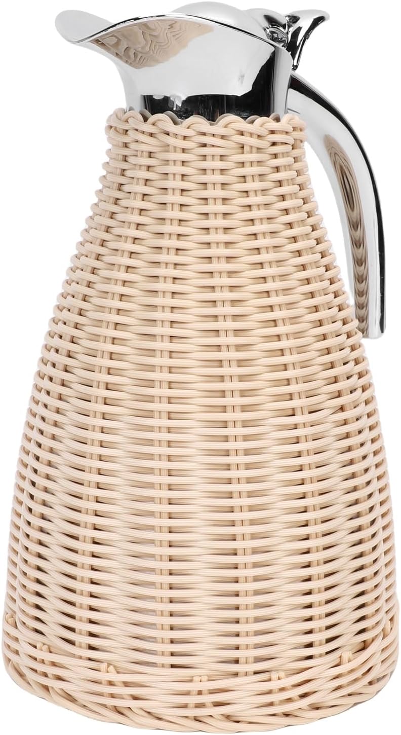 Thermal Coffee Carafe, 1.5L Stainless Steel Insulated Jug with Handwoven Portable Design for Home, Camping, Restaurant (Beige) - Image 1