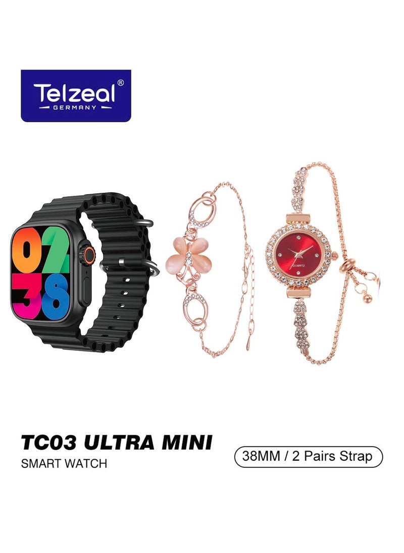 Telzeal Telzeal TC03 Ultra Mini 38 mm HD Display Smart Watch With 2 Pair Straps and Analog Watch and Bracelet Combo For Ladies Black  - Image 3