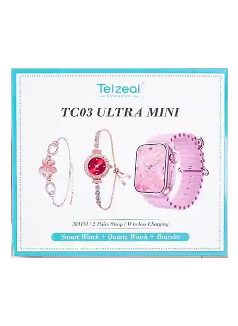 Telzeal Telzeal TC03 Ultra Mini 38 mm HD Display Smart Watch With 2 Pair Straps and Analog Watch and Bracelet Combo For Ladies Black  - Image 2