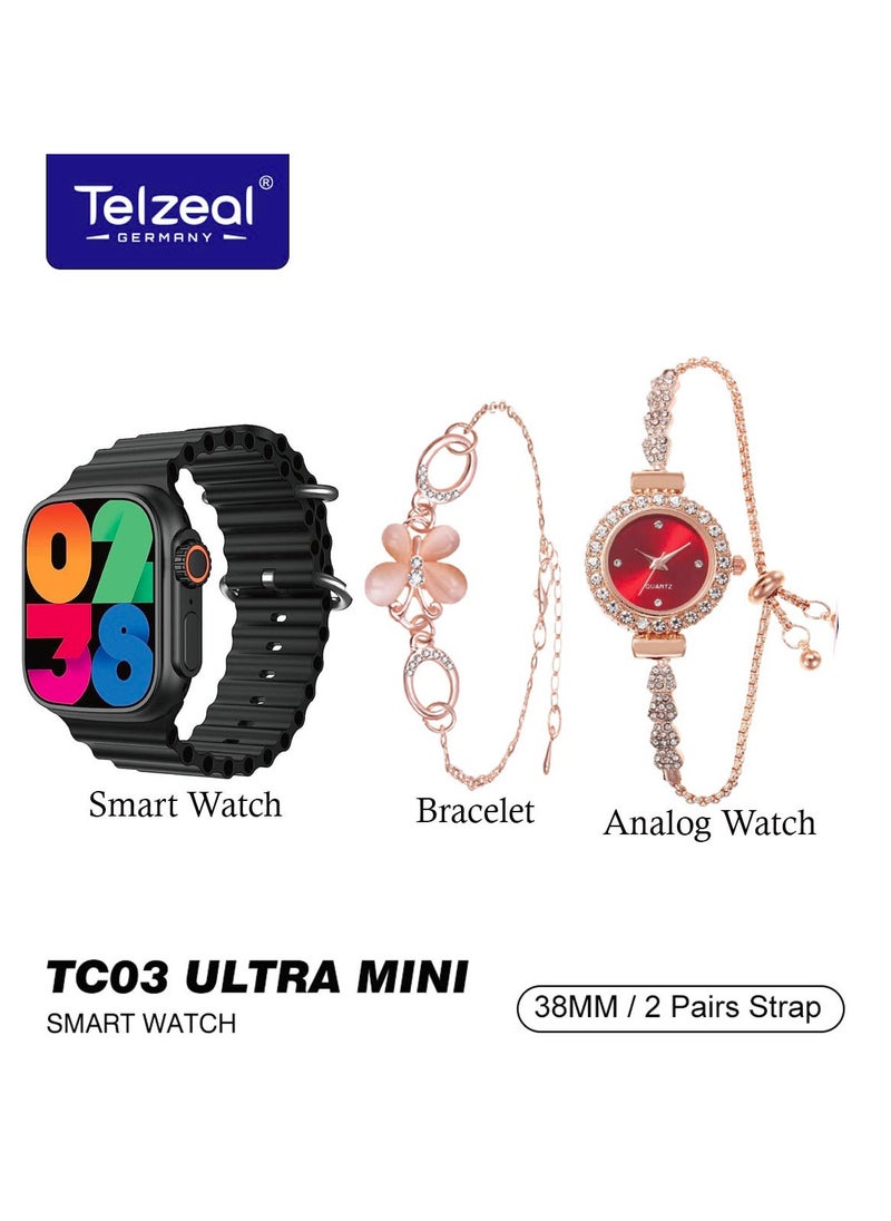 Telzeal Telzeal TC03 Ultra Mini 38 mm HD Display Smart Watch With 2 Pair Straps and Analog Watch and Bracelet Combo For Ladies Black  - Image 4