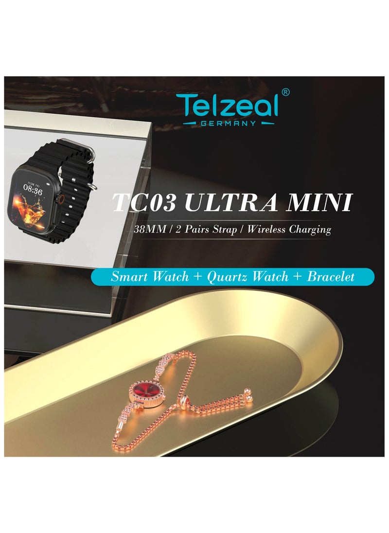 Telzeal Telzeal TC03 Ultra Mini 38 mm HD Display Smart Watch With 2 Pair Straps and Analog Watch and Bracelet Combo For Ladies Black  - Image 5