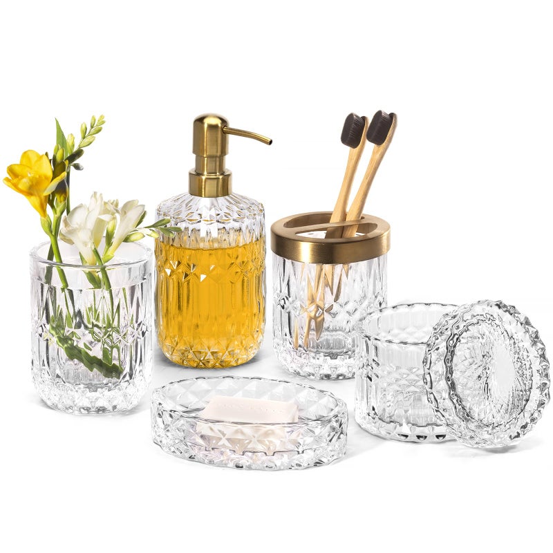 EMPO 6PCS Bathroom Clear Glass Accessories Set Lotion Soap Dispenser Soap Dish Toothbrush Holder Tumbler Cotton Swab Jar Contemporary Modern Decor Crystal Vintage Gift 6pcs Clear