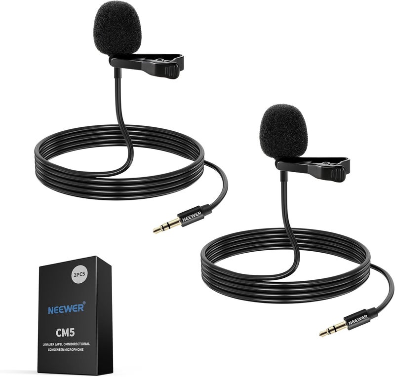 Neewer 2 Pack Lavalier Lapel Microphone Compatible with Rode Wireless GO II Wireless Pro DJI Mic, 3.5mm TRS Omnidirectional Condenser Wired Clip On Lav Mic for YouTube Live Stream, CM5 - Image 1