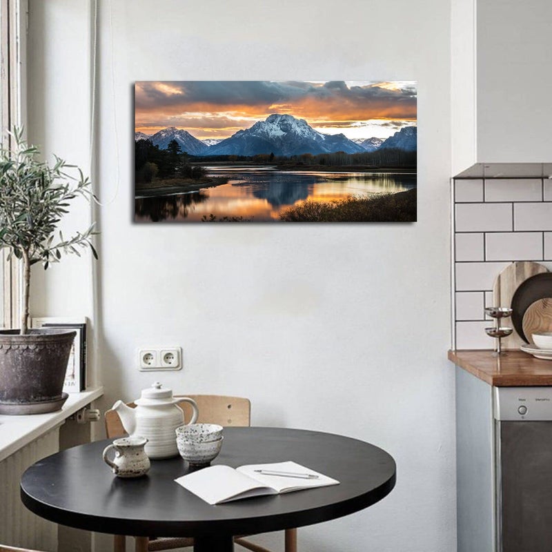 AIYISU Sunset Mountain Wall Art for Living Room Nature Grand Teton Landscape Canvas Wall Decor National Park Wall Art Oxbow Bend Snake River Scenery Wyoming Painting Artwork Office Home Decoration 20x40" - Image 5