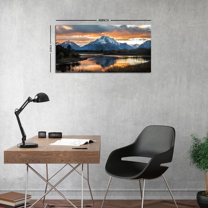 AIYISU Sunset Mountain Wall Art for Living Room Nature Grand Teton Landscape Canvas Wall Decor National Park Wall Art Oxbow Bend Snake River Scenery Wyoming Painting Artwork Office Home Decoration 20x40" - Image 2