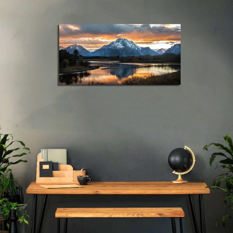 AIYISU Sunset Mountain Wall Art for Living Room Nature Grand Teton Landscape Canvas Wall Decor National Park Wall Art Oxbow Bend Snake River Scenery Wyoming Painting Artwork Office Home Decoration 20x40" - Image 4