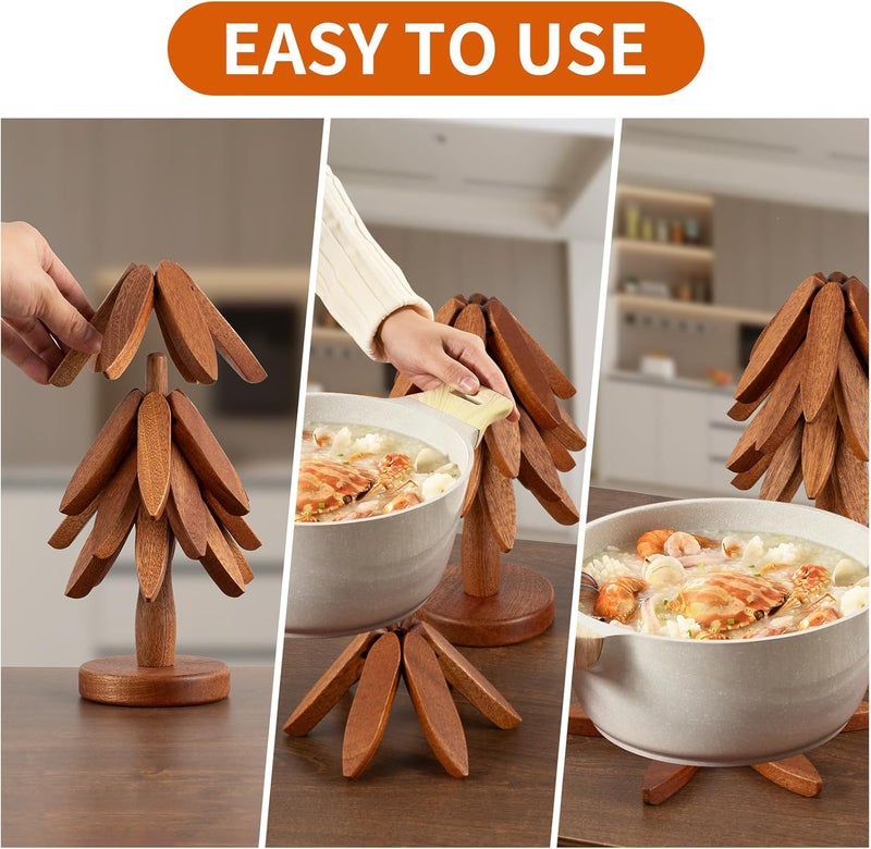 Vertdens Wooden Trivets for Hot Dishes， Hot Dish Coaster with Tree-Shaped Wood Collapsible Hot Pad Trivet Tree for Restaurant，4 Wooden Trivet + 1 Stand（Walnut Wood） - Image 2