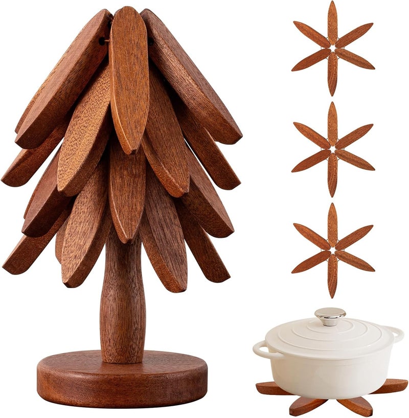 Vertdens Wooden Trivets for Hot Dishes， Hot Dish Coaster with Tree-Shaped Wood Collapsible Hot Pad Trivet Tree for Restaurant，4 Wooden Trivet + 1 Stand（Walnut Wood） - Image 1