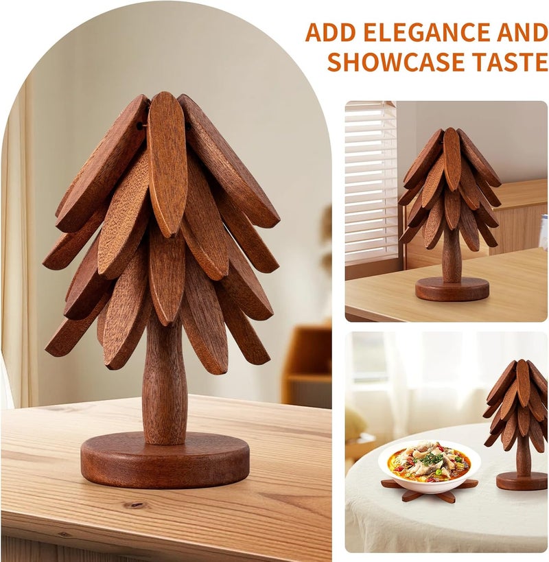 Vertdens Wooden Trivets for Hot Dishes， Hot Dish Coaster with Tree-Shaped Wood Collapsible Hot Pad Trivet Tree for Restaurant，4 Wooden Trivet + 1 Stand（Walnut Wood） - Image 3